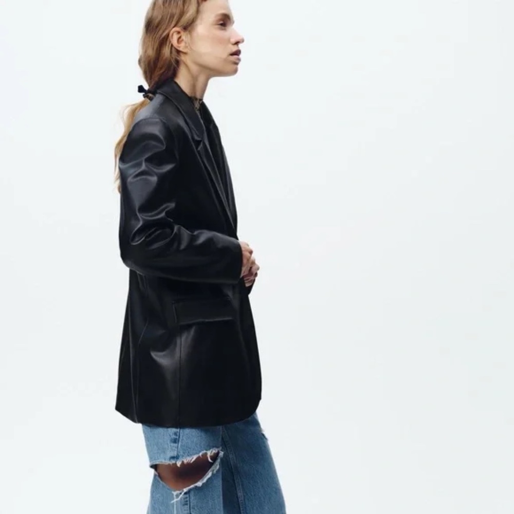 Zara Black Faux Leather Blazer Small - Picture 3 of 12